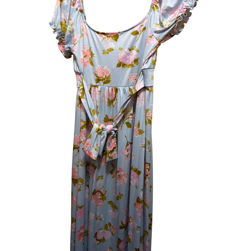 Womens Light Blue Pink Floral Maxi Dress Tie Waist Puff Sleeve Scoop Neck
